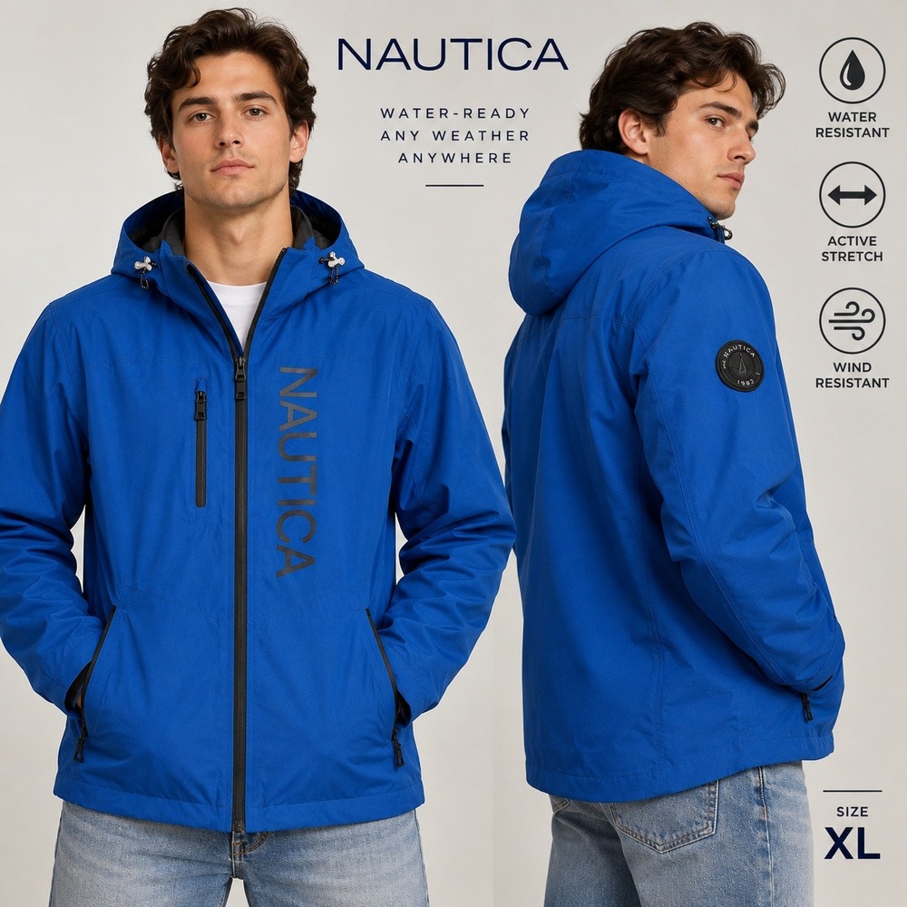 Nautica Mens Blue Water Ready Wind Resistant Hooded Active Stretch Jacket XL